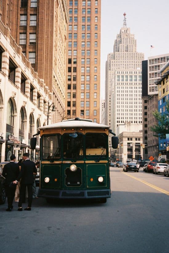 Golden Trolley in downtown Detroit for a wedding